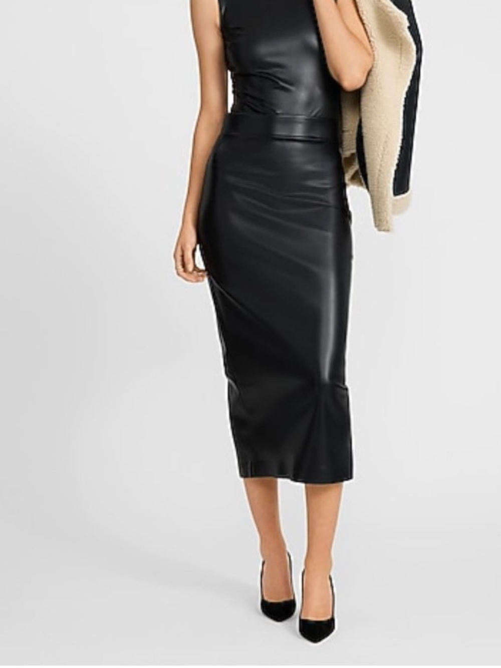 Express Classic Black Super High Waist Faux Leather Midi Skirt NWT